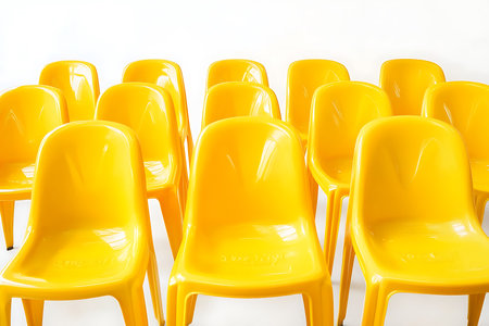 Several rows of glossy yellow plastic chairs are arranged closely against a bright white background. The image showcases the simple, clean design of the stackable chairs.の素材