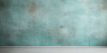 Minimalist interior shot displaying a textured turquoise wall and a plain concrete floor. Soft lighting enhances the background's subtle variations and imperfections.の素材