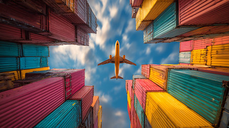 An airplane is seen from below against a cloudy sky, framed by stacks of colorful shipping containers. Perspective creates a tunnel-like effect with vibrant containers.の素材