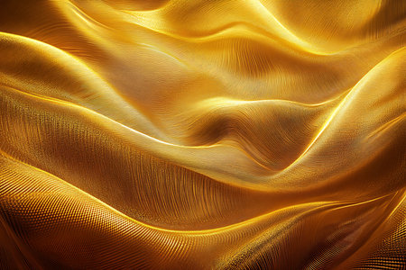 Close-up showcasing golden abstract waves. The image features a luxurious fabric texture background with intricate details and dramatic shadows, highlighting the depth and dimension of the undulating forms.の素材