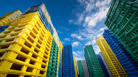 Upward shot showcasing stacks of vibrant yellow, blue, green, and white plastic crates against a bright blue sky with scattered clouds. Low-angle perspective.の素材
