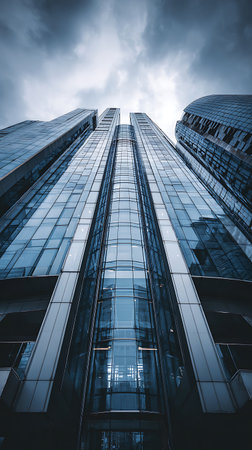 Architectural photo of modern glass skyscrapers with sharp angles reaching up toward a cloudy sky. The dark blue tint adds an impressive aesthetic.の素材