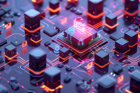 Macro close-up of an abstract futuristic server rack, featuring glowing orange and blue network connections. The image displays intricate data flow and cubic server modules.の素材