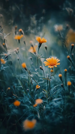 A vibrant field showcases yellow flowers with tightly closed buds reaching upward. The background has a teal hue, creating a moody, calming backdrop for the floral scene.の素材