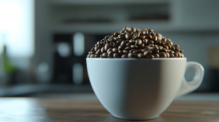 A close-up shot features coffee beans piled high, overflowing from a white mug on a dark wooden table. The background is slightly blurred with soft, natural lighting.の素材