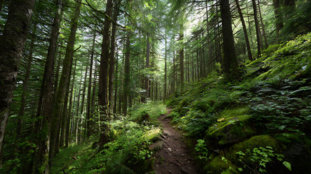 Discover a tranquil forest trail winding through towering evergreen trees and moss-covered rocks, a serene pathway surrounded by lush green vegetation and filtered sunlight.の素材