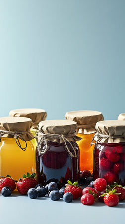 An arrangement features jars of colorful fruit preserves with craft paper tops, surrounded by fresh strawberries, blueberries, and cherries against a blue background.の素材