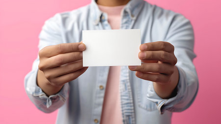 Closeup studio shot of a man holding a blank, white rectangular card with two hands. Background is vibrant pink. He is wearing a blue denim shirt.の素材
