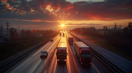 Captivating high-angle view of highway traffic, featuring semi-trucks and cars heading towards the sunset. Sun's rays pierce the clouds, reflecting on the wet road surface.の素材