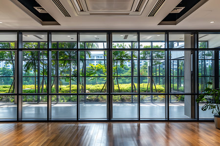 Bright interior shot featuring a wall of large, black-framed windows providing a view of a lush park. Polished wooden floors reflect light, enhancing the space's openness and plant life.の素材