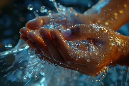 Two hands cradle splashing water, emphasizing cleanliness and hydration. The droplets create a refreshing and dynamic scene, highlighted by soft, golden lighting and subtle blue tones.の素材