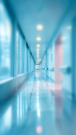 Perspective view shows a brightly lit, blurry hospital hallway. Gleaming light reflects across the shiny floor. Windows line the left while light fixtures are visible along ceiling.の素材