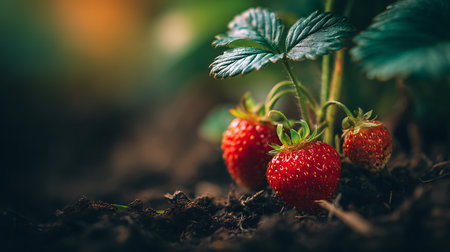 Close-up showcasing ripe strawberries growing amidst dark, fertile garden soil. Features three red berries on the plant with green leaves in soft, natural lighting.の素材
