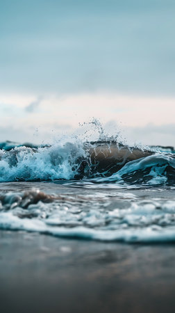 Atmospheric shot depicts a small, dark ocean wave curling and splashing water droplets into the air. The sky is overcast, creating a muted, moody feel to this scene.の素材