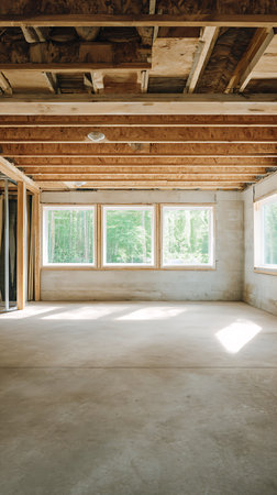 Interior shot of a basement under construction. Exposed ceiling joists and ductwork are visible, along with concrete block walls, framing, and windows looking out to trees.の素材