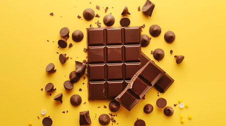 Overhead shot shows a dark chocolate bar, a broken bar, and chocolate chips scattered around on a solid, sunny yellow surface. Light highlights rich chocolate tones.の素材