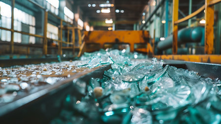 Close-up view of sharp, translucent shards of broken glass resting on a dark industrial conveyor belt inside a factory, conveying a sense of industrial processing and fragility.の素材