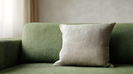 Close-up image displays a textured linen pillow placed on a green sofa. The sofa has a textured finish. Neutral tones and soft lighting enhance the simple and stylish aesthetic.の素材