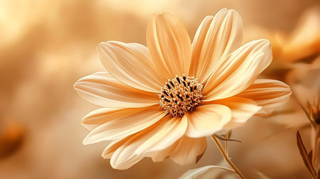 A warm, close-up illustration of a daisy-like flower with rounded petals, highlighted by a beige, golden, and brown color palette against a soft background.の素材
