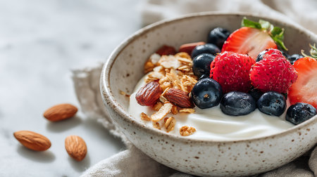 Close-up image featuring a speckled bowl filled with creamy yogurt, fresh strawberries, plump blueberries, crunchy granola, and whole almonds on a marble surface with fabric.の素材