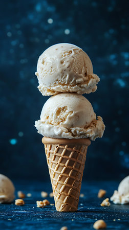 Close-up studio shot highlighting two scoops of ice cream balanced in a waffle cone against a dark blue, bokeh-filled background with scattered nuts and crumbs.の素材