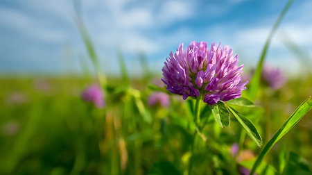 Captivating close-up of a vibrant red clover flower, showcasing its intricate detail against a backdrop of a lush green meadow under a soft, blurred sky.の素材