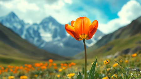 A stunning eye-level shot captures an orange tulip in full bloom, contrasted against a blurred mountain range and a field of wildflowers under a bright, cloudy sky.の素材