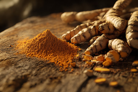 A closeup shows raw turmeric roots alongside a mound of vibrant turmeric powder and cut pieces, all resting on a textured, weathered wooden surface.の素材