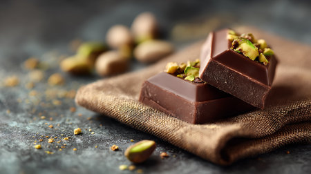 Two squares of rich, dark chocolate topped with chopped pistachios, artfully arranged on a textured brown fabric. Pistachios scattered nearby add to the visual appeal.の素材