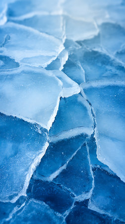 Close-up details highlight the geometric fractured patterns of blue ice. Jagged edges, crystalline textures, and tonal gradations enhance the cool, brittle nature of the frozen landscape.の素材