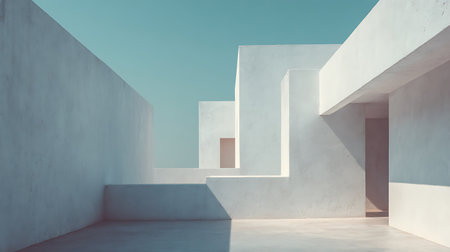 Serene perspective view showcases white concrete minimalist architecture against a clear blue sky. The image features clean lines, soft shadows, and a contemporary, modern design.の素材