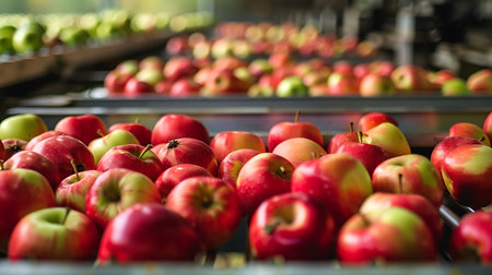 Close-up shows red and green apples moving on a conveyor belt within an automated facility, likely for sorting and processing before reaching the consumer market.の素材