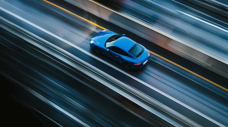 High-angle view showcasing a sleek, blue sports car traveling at high speed on a blurred highway. Motion blur emphasizes the speed and dynamic movement of the vehicle.の素材