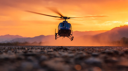 A low angle view captures a helicopter ascending during a vibrant orange sunset. Distant mountains add depth beneath the colorful sky, creating a dramatic and atmospheric scene.の素材