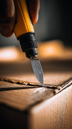 Sharp angled close-up capturing a hand using a yellow box cutter slicing open a cardboard box. Focus highlights the blade's precision and the textured cardboard surface.の素材