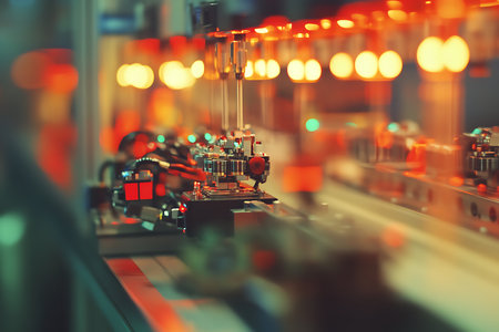 Macro shot showcases advanced automated assembly line equipment, illuminated by striking bokeh lighting effects. Precision engineering and innovative technology visible.の素材