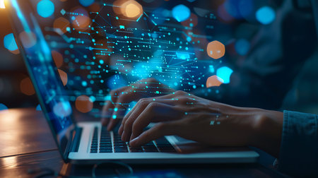Close-up shot of hands typing on a laptop with a network data overlay in blue and orange bokeh lights in background, suggesting cybersecurity or digital network concept.の素材