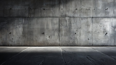 Concrete background image featuring a textured wall and floor surface in a space lit by sunlight. Ideal for use as a minimalist background, texture or design element.の素材
