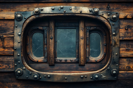 Close-up image showcasing an elaborately framed window featuring dark, aged wood and a robust metal border with prominent rivets. The window's design evokes steampunk aesthetic.の素材