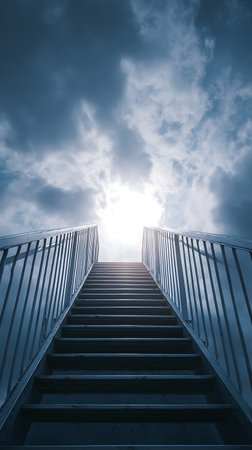 Ascending staircase view pointing towards a bright opening in the cloudy sky, evoking feelings of hope. Silver metallic railing and stairs lead upward.の素材