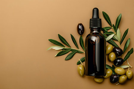 Studio shot features a dark amber glass bottle with dropper, fresh green olive leaves, and a mix of green and black olives on a brown background.の素材