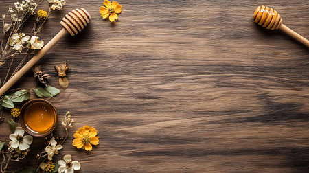 Overhead view of honey dippers, flowers and a bowl of honey on a textured wooden surface. Background provides copy space, perfect for natural product presentation.の素材