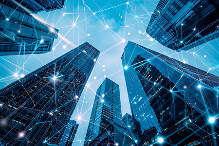 Low-angle view capturing multiple towering skyscrapers under a blue sky, overlaid with a network of connecting nodes and lines, creating a futuristic, interconnected city vision.の素材