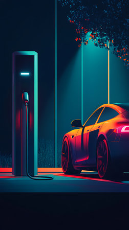 Electric car charging at a sleek, modern station under neon lights. Red and orange hues illuminate the vehicle and station, creating a futuristic and vibrant scene.の素材
