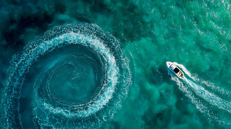 Aerial shot showcases a white boat etching a spiral wake into the mesmerizing turquoise ocean. The water's gradient adds depth to the nautical scene.の素材