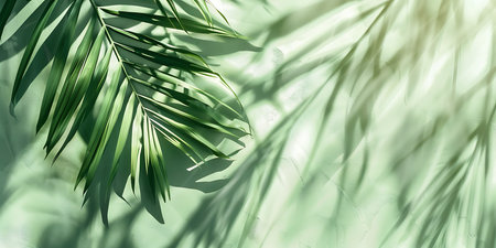 Vibrant green palm leaf casts a sharp shadow on a light green textured wall. The tropical aesthetic evokes a sense of calm and natural beauty.の素材