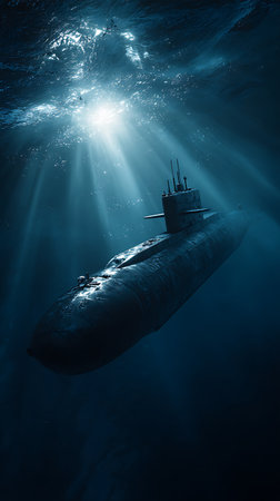 Deep blue image shows a submarine submerged in ocean waters, illuminated by sun rays penetrating from the surface, creating a serene and slightly mysterious atmosphere.の素材