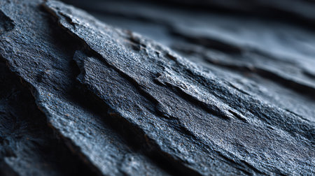 Close up of dark slate rock showcasing the rough, textured surface. The geological formation presents layers with a shallow depth of field and textural detail.の素材