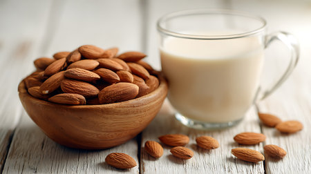 Wooden bowl brimming with almonds sits beside a glass of almond milk on rustic white wood. Some almonds are scattered nearby on the surface.の素材