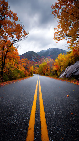Asphalt road with double yellow lines leads to mountains surrounded by colorful autumn foliage in New England, USA, under a cloudy sky. Fall road trip essence.の素材